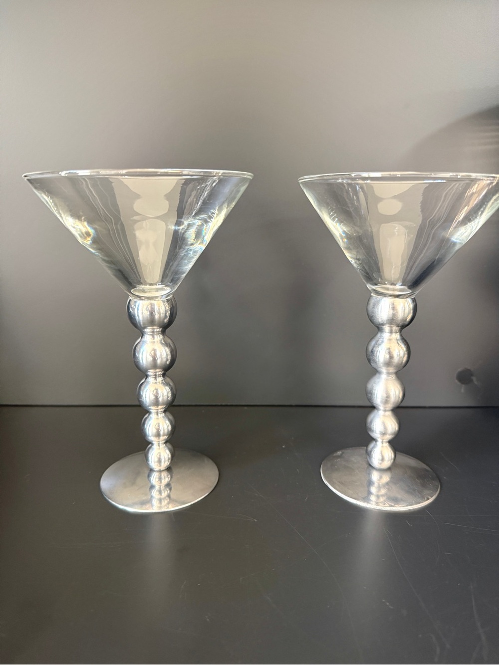 Pair Silver Tone Ball Stem Martini Cocktail Glasses 7”
